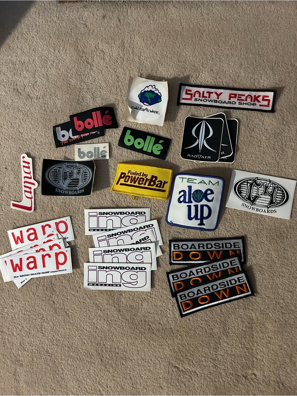 Snowboard patches and stickers. Multiple adv.